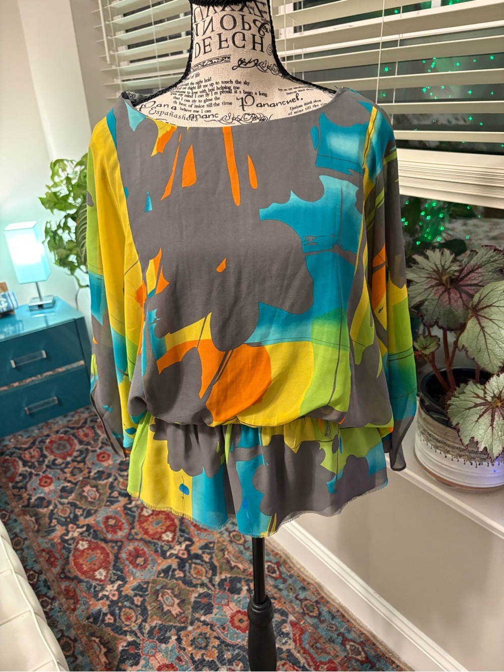 Robbie Bee Multicolor Abstract Peplum Blouse - Gray, Teal & Orange